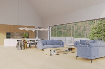 Modern open plan living area with blue sofas and kitchen overlooking a forest. Contemporary home interior design, 3d rendering.