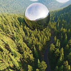 Giant chrome sphere floating above a lush green forest with a winding road passing through, surreal nature, 3d rendering.