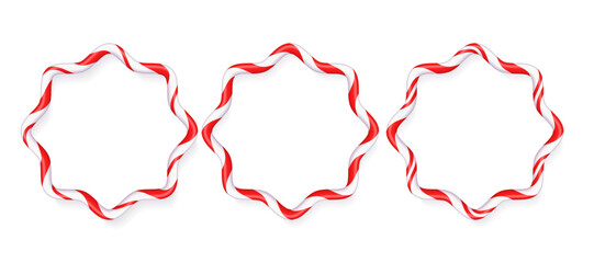 Curly wavy empty frames in the form of Christmas candy striped cane, place for text. Holiday banner. Vector illustration isolated, on white background