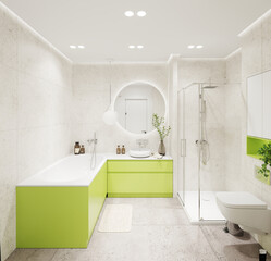 Bright modern bathroom interior design with green furniture and white bathtub, shower cabin, round mirror, toilet. Home space.