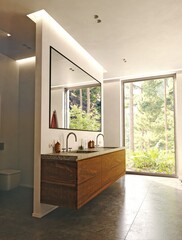 Modern bathroom interior with wooden vanity and mirror. Contemporary home washroom with large window view to green trees. 3d rendering luxury apartment design for real estate.