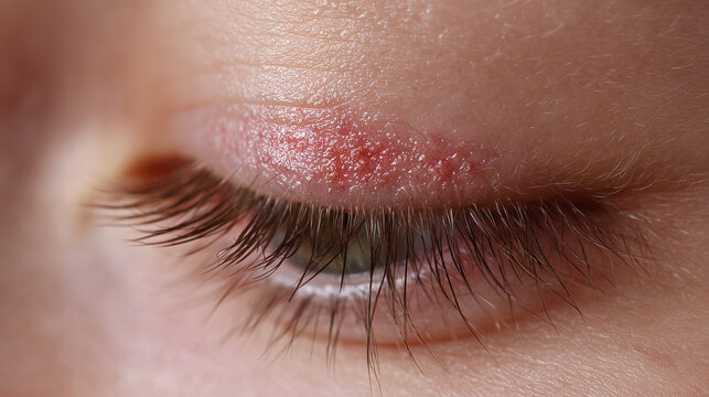 Red irritated skin on upper eyelid shows eczema flareup with visible inflammation and dryness on close up of closed eye