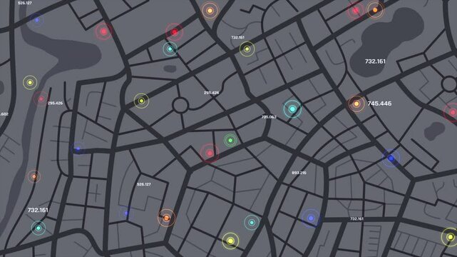 3D rendering a map of the community town with roads and alleys with circles indicate the destinations with random numbers for cyber technology and futuristic concept