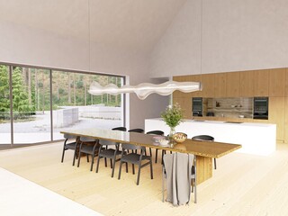 Open plan loft living spacious dining and kitchen area with natural light and wooden details. Modern luxury home interior 3d rendering for real estate.