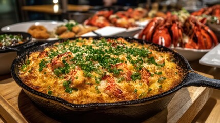 Fototapeta premium Lobster mac and cheese in cast iron skillet on a softly blurred shrimp boil backdrop under perfect lighting