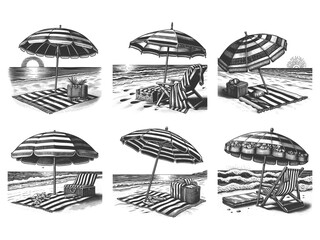 beach umbrellas with lounge chairs and picnic setups on sandy shores Set collection bundle sketch engraving generative ai vector illustration. Scratch board imitation. Black and white image.