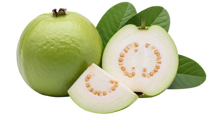 Isolated Guava with Slices and Green Leaves on White Background