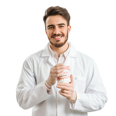 Male dentist smiling and showing jaw model
