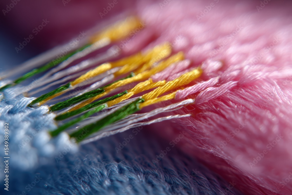 Wall mural extreme close-up of fabric stitching with colorful threads and needles