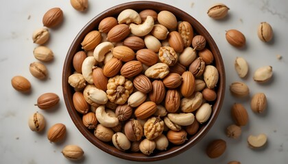 Overhead View of Mixed Nuts in Dark Brown Wooden Bowl – Healthy Snack Flat Lay