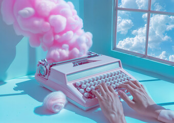 Woman's hands typing on retro typewriter placed on a pastel blue desk, with pink cotton candy clouds bursting out. Dreamy, inspirational writing, nostalgic, neon retro background.