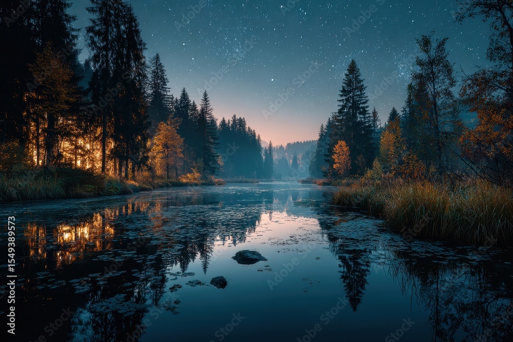 Poster scenic landscape of a forest at dusk with tall evergreen trees silhouetted against the twilight sky 