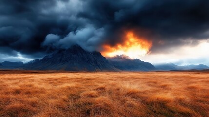 This breathtaking landscape captures a dramatic sky filled with dark clouds and an incendiary sunset over a mountainous terrain, evoking feelings of awe and majesty.
