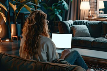 Mock Up of Adult Woman Using Laptop with Visible Blank Screen in Living Room at a Table