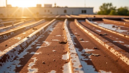 Rusty metal roof with peeling paint illuminated by sunset light  