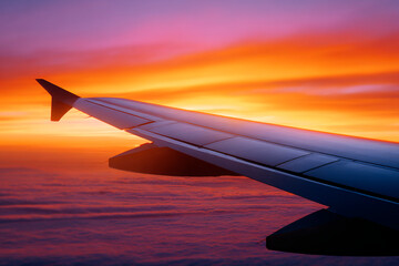 Obraz premium Airplane wing viewed from cabin window flying above colorful clouds during a vibrant sunset in the sky