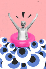 Vertical poster pop collage of happy old woman swim pool imitation wear lifebuoy eyeball stare control jewish third vision
