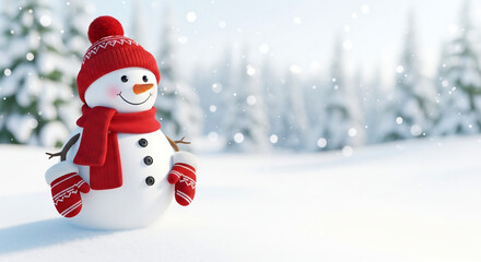 Charming snowman in a snowy landscape, wearing a top hat and red scarf. Winter wonderland scene with falling snow. Festive and joyful!