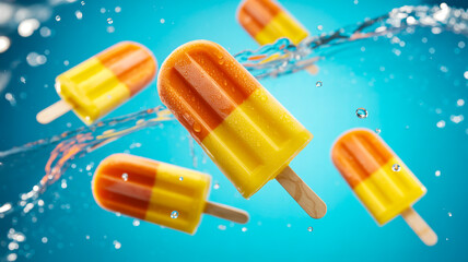 A high-contrast product photography shot of orange and yellow popsicles against a vibrant turquoise blue background