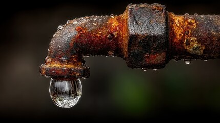 Close-up of a Dripping Rusty Pipe with Water Droplets, Illustrating Corrosion and Decay