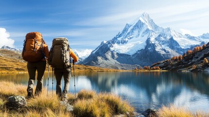 A couple hiking towards breathtaking mountains reflected in calm waters, capturing the spirit of adventure and the beauty of the great outdoors.