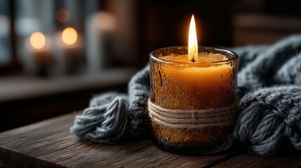 Wax Candle Burning Beside Warm Knit Blanket on Wooden Surface