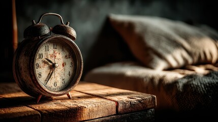 Worn Vintage Alarm Clock Resting on a Wooden Bedside Table in Bedroom