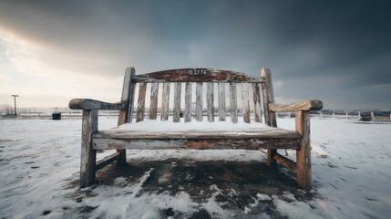 Snow Covered Weathered Wooden Park Bench on Icy Ground in Winter Landscape