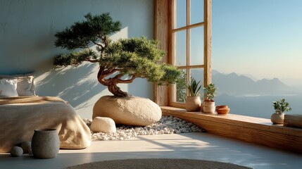 Bonsai Tree on Rock Indoors Near Bed and Window Overlooking Landscape