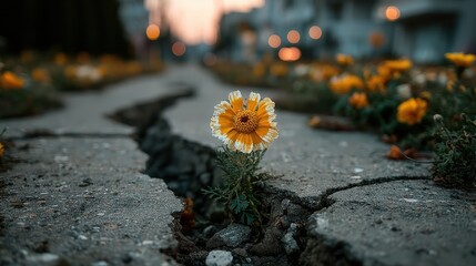 Resilient Flower Blooms Through Crack in Concrete Sidewalk, Demonstrating Perseverance