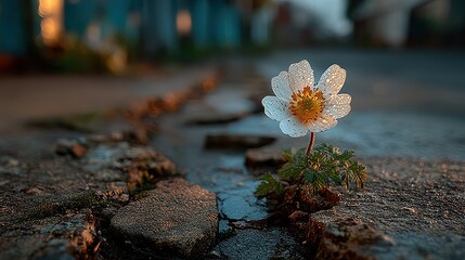 Tiny White Flower Emerging From Cracked Concrete Pavement