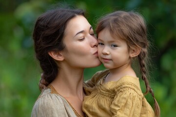 A mother kisses her daughters cheek in an outdoor green setting