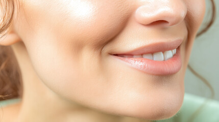 Obraz premium Soft close up of smiling woman cheek and lips showing smooth skin texture and natural beauty with gentle expression and subtle pastel tones enhancing warm mood