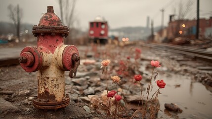 Dilapidated Fire Hydrant with Flowers and Train Car in Postindustrial Environment