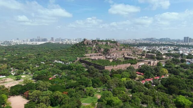 Hyderabad, India: Aerial view of famous Golconda Fort in capital and largest city of Indian state of Telangana - landscape panorama of South Asia from above
