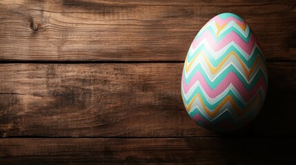 Fototapeta premium A beautifully decorated Easter egg featuring vibrant chevron patterns rests on a rustic wooden table, symbolizing the festive spirit of celebration and renewal during spring.