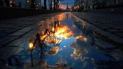 Puddle Reflection on a Cobblestone Street at Twilight with Cityscape and Streetlights