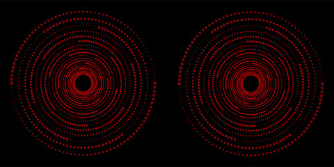 Set of Spiral Dotted Graphic Elements in Red Tones. Geometric Vector Frames on Black Background.