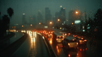 Cityscape lights reflecting off a rain-streaked window at nighttime with traffic