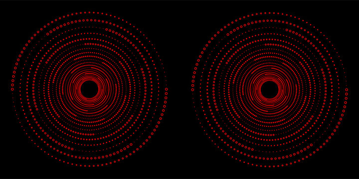 Set of Spiral Dotted Graphic Elements in Red Tones. Geometric Vector Frames on Black Background.