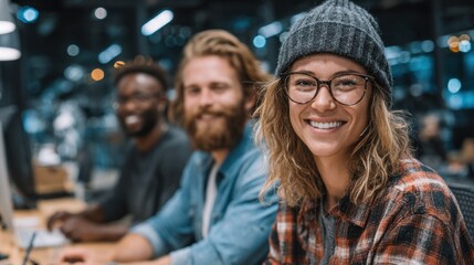 Obraz premium Diverse team members collaborate cheerfully at a modern workplace setting