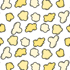 Seamless cartoon popcorn pattern with hand-drawn, irregular shapes in soft yellow tones. Suitable for snack packaging, textile design, or children’s backgrounds.