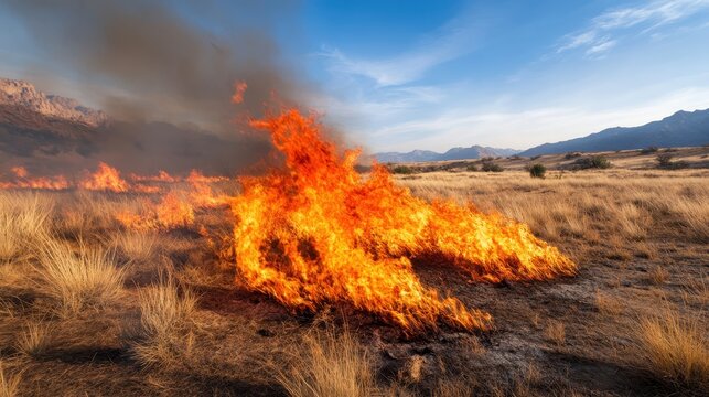 Intense flames engulfing a dry grassland, emitting heat and light, capturing the dramatic power of nature and its potential for destruction and regeneration.