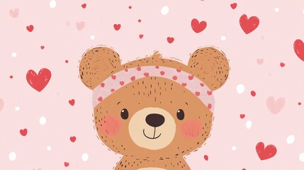 Obraz premium Cute cartoon bear with heart-patterned headband on pink background