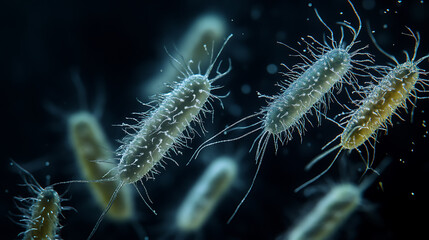 Microscopic View of Bacteria with Flagella in Motion
