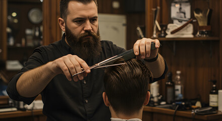 Master Barber Giving a Man's Haircut in a Traditional Barbershop