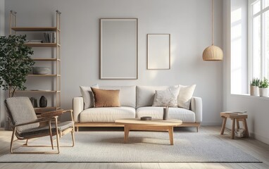 Scandinavian-inspired living room with light wood and neutral colors