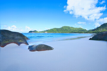 empty and scenic beautiful beach of baie lazare, white sandy beaches with huge stones, Mahe Seychelles 11