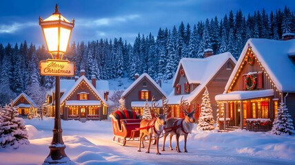 A magical winter Christmas village scene at dusk. A tall ornate street lamp with warm glowing lights stands prominently in the foreground, casting a golden glow across the snow-covered ground