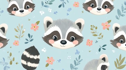 Cute raccoon faces and flowers on a light blue background